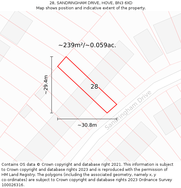 28, SANDRINGHAM DRIVE, HOVE, BN3 6XD: Plot and title map