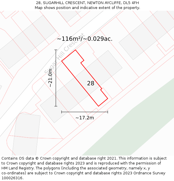 28, SUGARHILL CRESCENT, NEWTON AYCLIFFE, DL5 4FH: Plot and title map