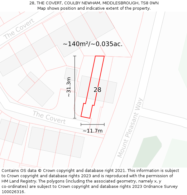 28, THE COVERT, COULBY NEWHAM, MIDDLESBROUGH, TS8 0WN: Plot and title map