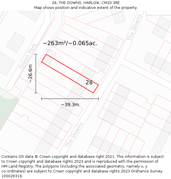 28, THE DOWNS, HARLOW, CM20 3RE: Plot and title map
