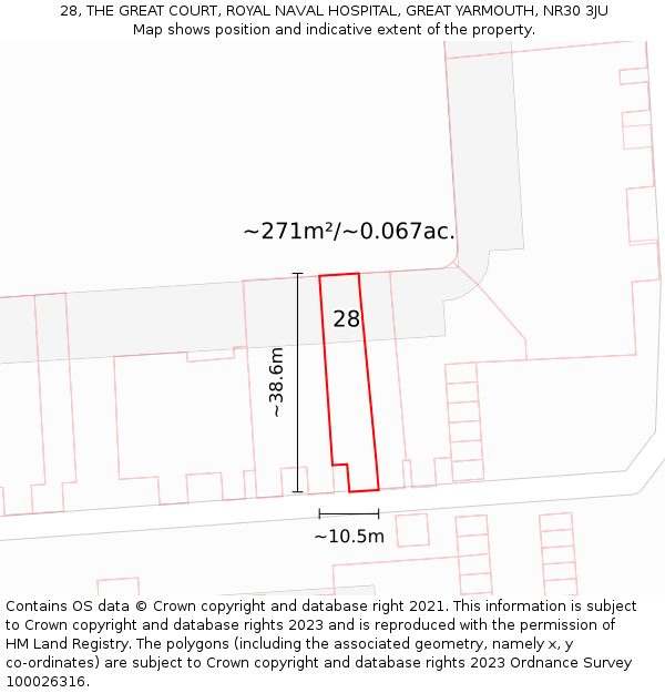 28, THE GREAT COURT, ROYAL NAVAL HOSPITAL, GREAT YARMOUTH, NR30 3JU: Plot and title map