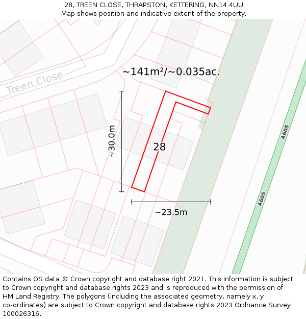 28, TREEN CLOSE, THRAPSTON, KETTERING, NN14 4UU: Plot and title map
