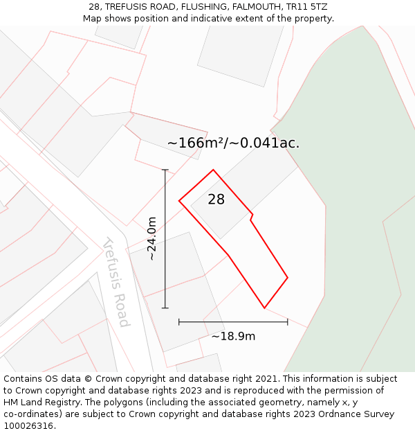 28, TREFUSIS ROAD, FLUSHING, FALMOUTH, TR11 5TZ: Plot and title map