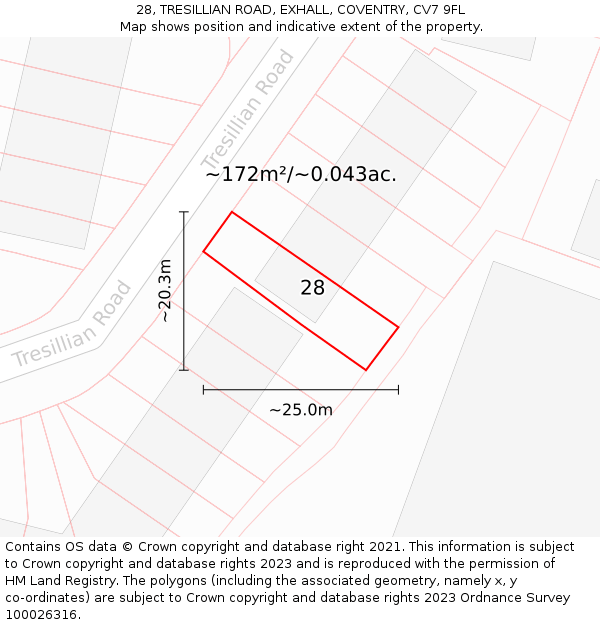 28, TRESILLIAN ROAD, EXHALL, COVENTRY, CV7 9FL: Plot and title map