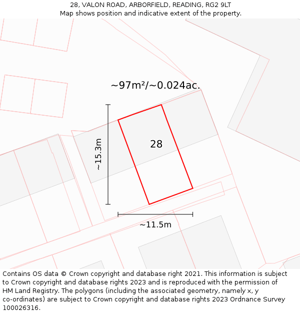 28, VALON ROAD, ARBORFIELD, READING, RG2 9LT: Plot and title map