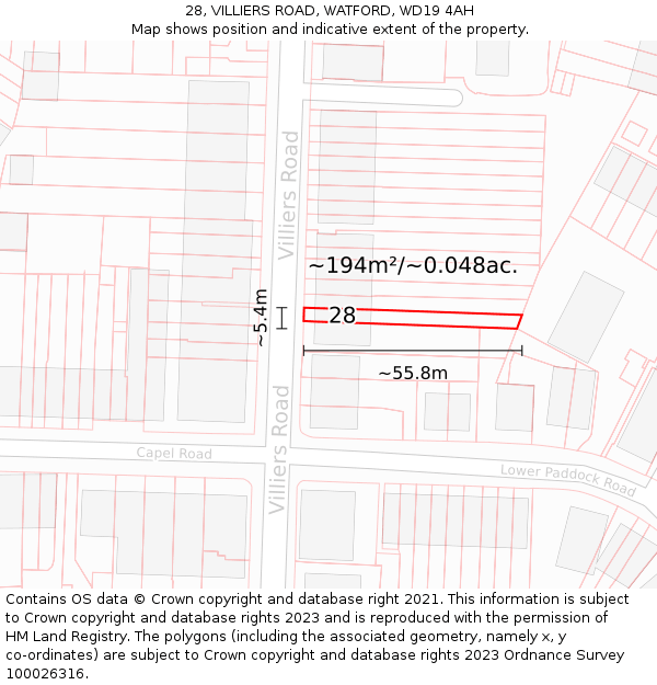 28, VILLIERS ROAD, WATFORD, WD19 4AH: Plot and title map