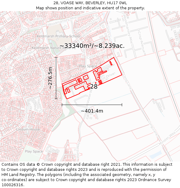 28, VOASE WAY, BEVERLEY, HU17 0WL: Plot and title map