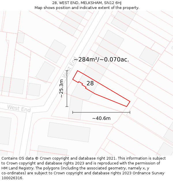 28, WEST END, MELKSHAM, SN12 6HJ: Plot and title map