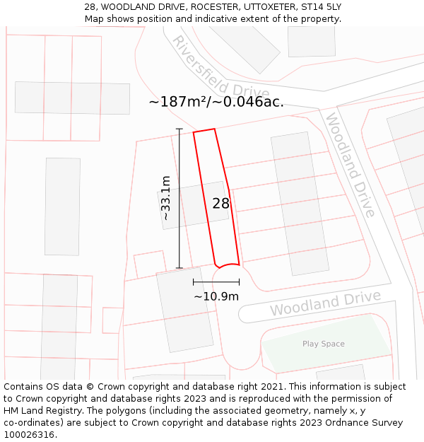 28, WOODLAND DRIVE, ROCESTER, UTTOXETER, ST14 5LY: Plot and title map