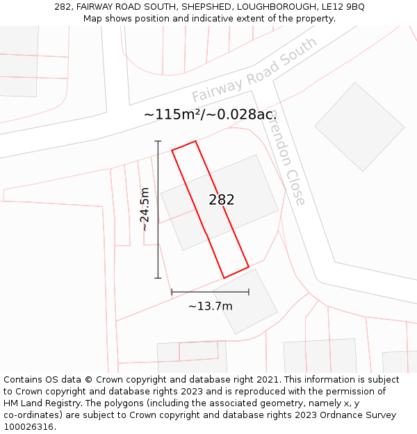 282, FAIRWAY ROAD SOUTH, SHEPSHED, LOUGHBOROUGH, LE12 9BQ: Plot and title map