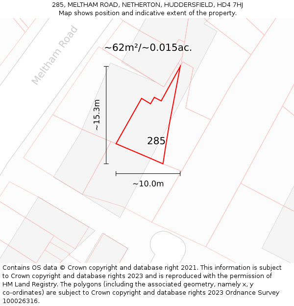 285, MELTHAM ROAD, NETHERTON, HUDDERSFIELD, HD4 7HJ: Plot and title map