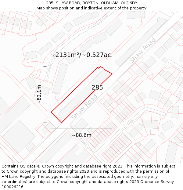 285, SHAW ROAD, ROYTON, OLDHAM, OL2 6DY: Plot and title map