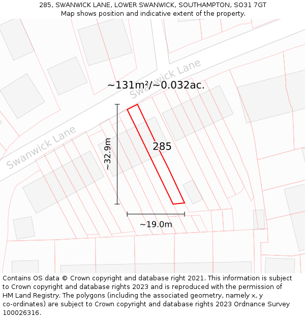 285, SWANWICK LANE, LOWER SWANWICK, SOUTHAMPTON, SO31 7GT: Plot and title map