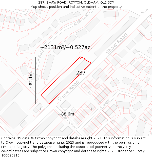 287, SHAW ROAD, ROYTON, OLDHAM, OL2 6DY: Plot and title map