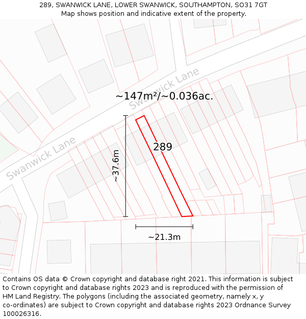 289, SWANWICK LANE, LOWER SWANWICK, SOUTHAMPTON, SO31 7GT: Plot and title map