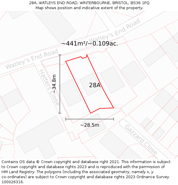 28A, WATLEYS END ROAD, WINTERBOURNE, BRISTOL, BS36 1PQ: Plot and title map