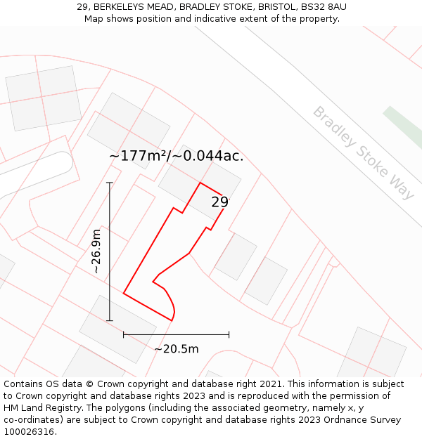29, BERKELEYS MEAD, BRADLEY STOKE, BRISTOL, BS32 8AU: Plot and title map