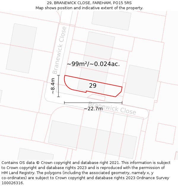 29, BRANEWICK CLOSE, FAREHAM, PO15 5RS: Plot and title map