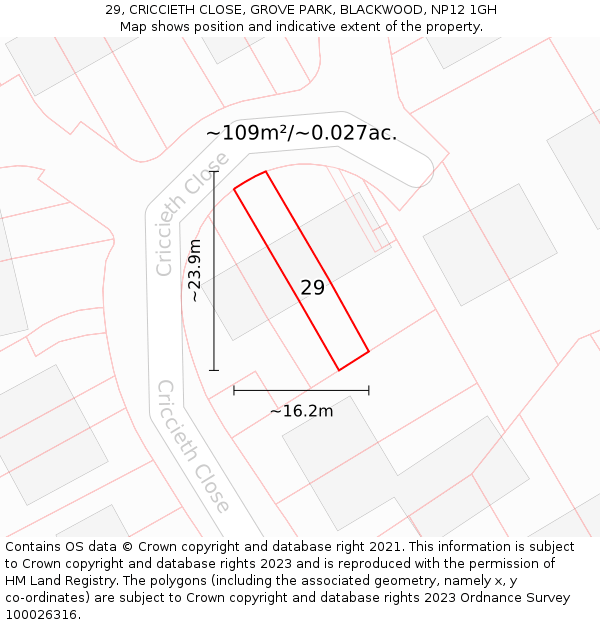 29, CRICCIETH CLOSE, GROVE PARK, BLACKWOOD, NP12 1GH: Plot and title map