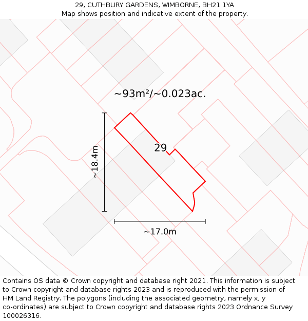 29, CUTHBURY GARDENS, WIMBORNE, BH21 1YA: Plot and title map