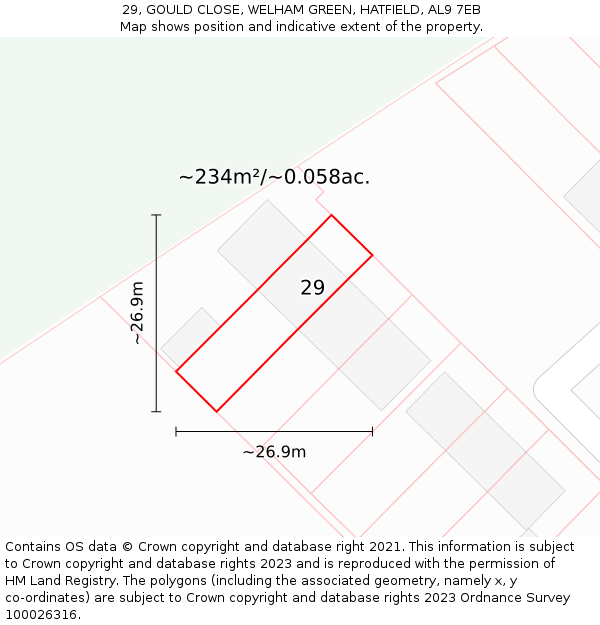 29, GOULD CLOSE, WELHAM GREEN, HATFIELD, AL9 7EB: Plot and title map