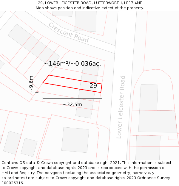 29, LOWER LEICESTER ROAD, LUTTERWORTH, LE17 4NF: Plot and title map