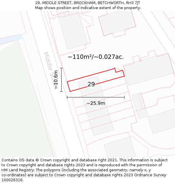 29, MIDDLE STREET, BROCKHAM, BETCHWORTH, RH3 7JT: Plot and title map