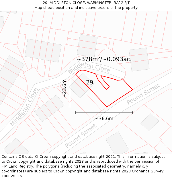 29, MIDDLETON CLOSE, WARMINSTER, BA12 8JT: Plot and title map