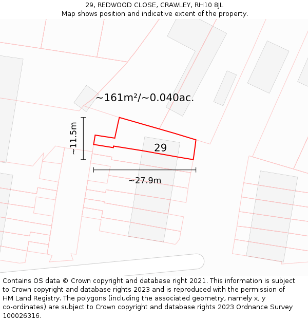 29, REDWOOD CLOSE, CRAWLEY, RH10 8JL: Plot and title map