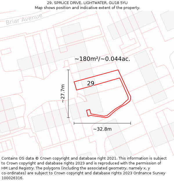 29, SPRUCE DRIVE, LIGHTWATER, GU18 5YU: Plot and title map