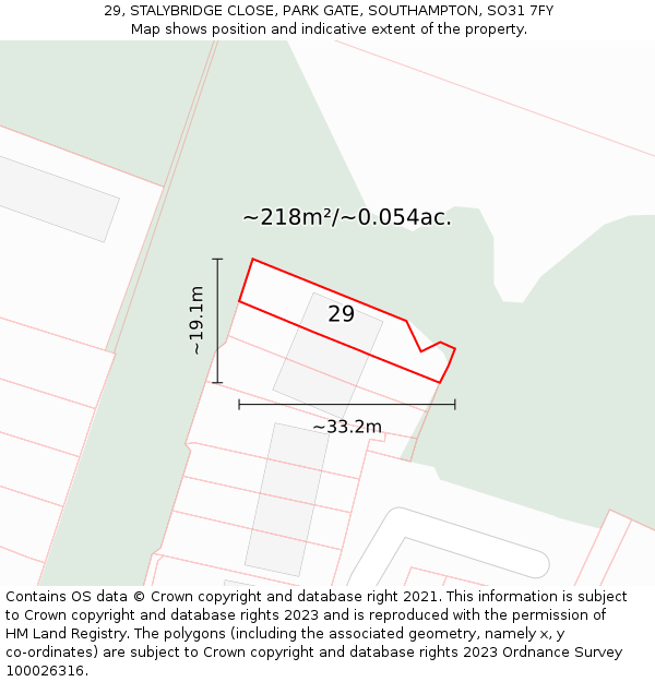 29, STALYBRIDGE CLOSE, PARK GATE, SOUTHAMPTON, SO31 7FY: Plot and title map