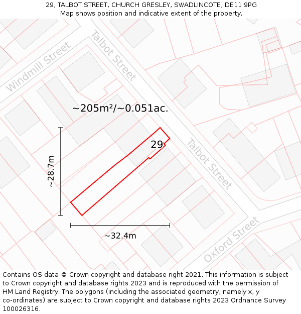 29, TALBOT STREET, CHURCH GRESLEY, SWADLINCOTE, DE11 9PG: Plot and title map
