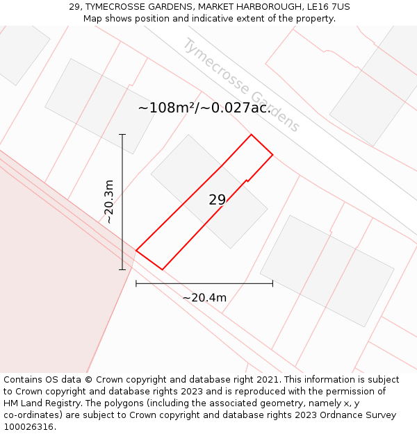 29, TYMECROSSE GARDENS, MARKET HARBOROUGH, LE16 7US: Plot and title map
