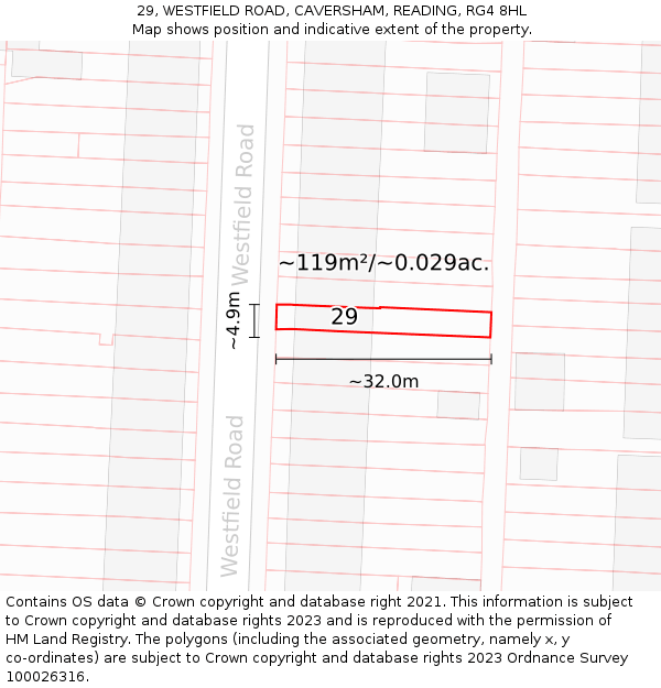 29, WESTFIELD ROAD, CAVERSHAM, READING, RG4 8HL: Plot and title map