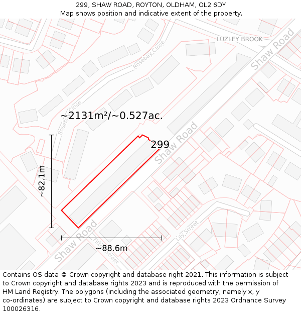 299, SHAW ROAD, ROYTON, OLDHAM, OL2 6DY: Plot and title map