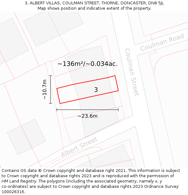 3, ALBERT VILLAS, COULMAN STREET, THORNE, DONCASTER, DN8 5JL: Plot and title map