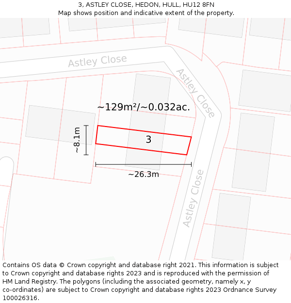 3, ASTLEY CLOSE, HEDON, HULL, HU12 8FN: Plot and title map