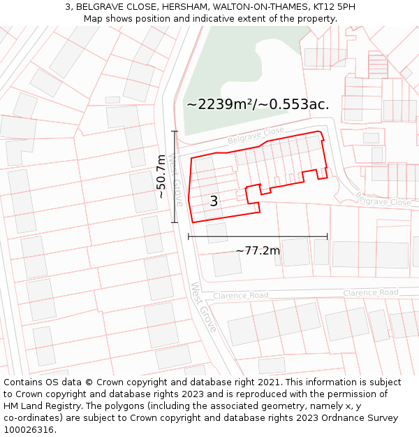 3, BELGRAVE CLOSE, HERSHAM, WALTON-ON-THAMES, KT12 5PH: Plot and title map
