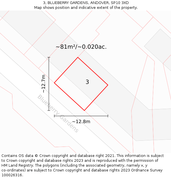 3, BLUEBERRY GARDENS, ANDOVER, SP10 3XD: Plot and title map