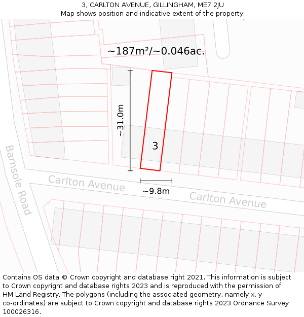 3, CARLTON AVENUE, GILLINGHAM, ME7 2JU: Plot and title map