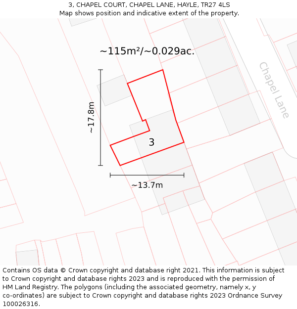 3, CHAPEL COURT, CHAPEL LANE, HAYLE, TR27 4LS: Plot and title map