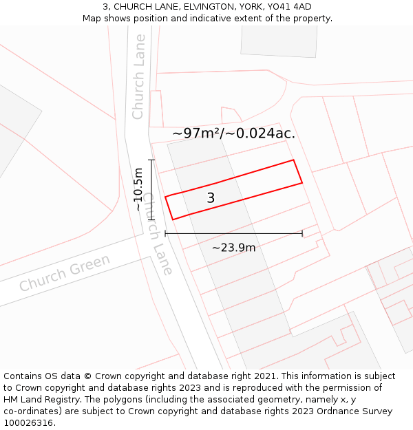 3, CHURCH LANE, ELVINGTON, YORK, YO41 4AD: Plot and title map
