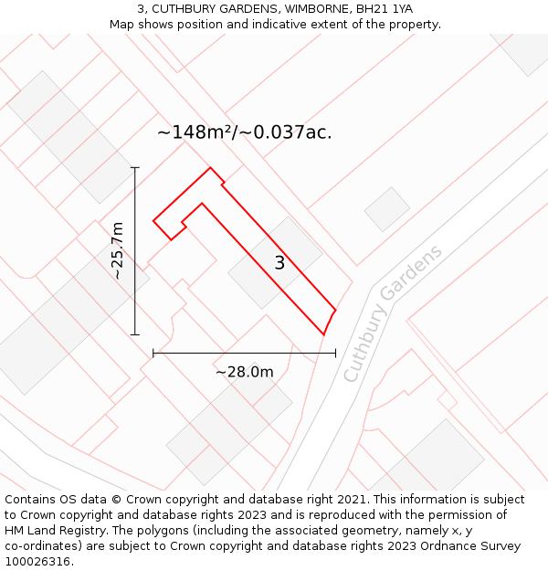 3, CUTHBURY GARDENS, WIMBORNE, BH21 1YA: Plot and title map