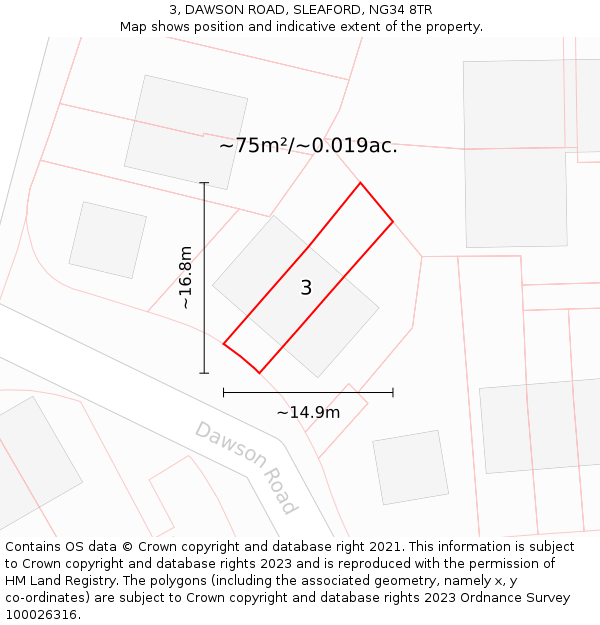 3, DAWSON ROAD, SLEAFORD, NG34 8TR: Plot and title map