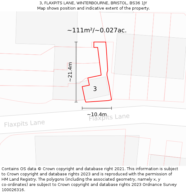 3, FLAXPITS LANE, WINTERBOURNE, BRISTOL, BS36 1JY: Plot and title map