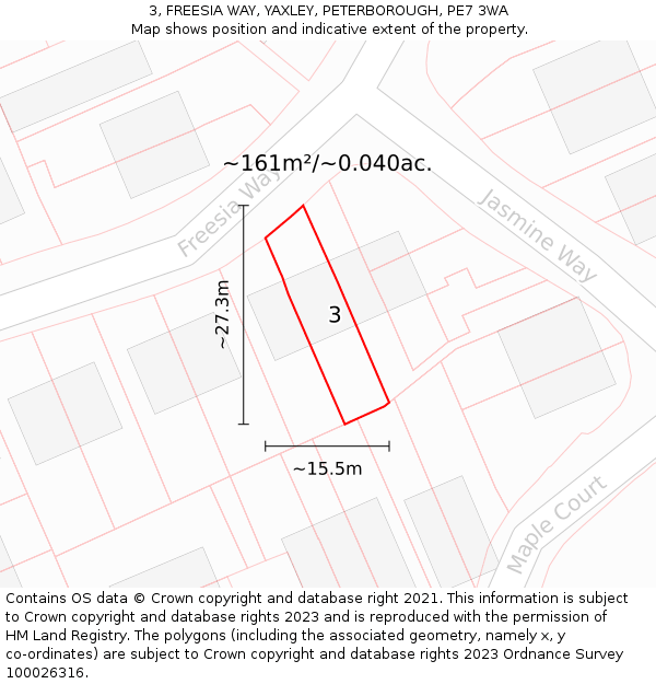 3, FREESIA WAY, YAXLEY, PETERBOROUGH, PE7 3WA: Plot and title map