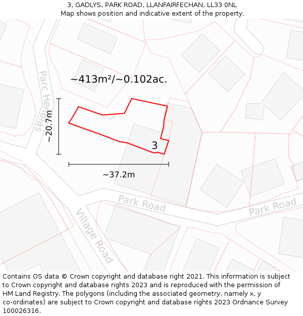 3, GADLYS, PARK ROAD, LLANFAIRFECHAN, LL33 0NL: Plot and title map
