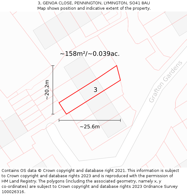 3, GENOA CLOSE, PENNINGTON, LYMINGTON, SO41 8AU: Plot and title map