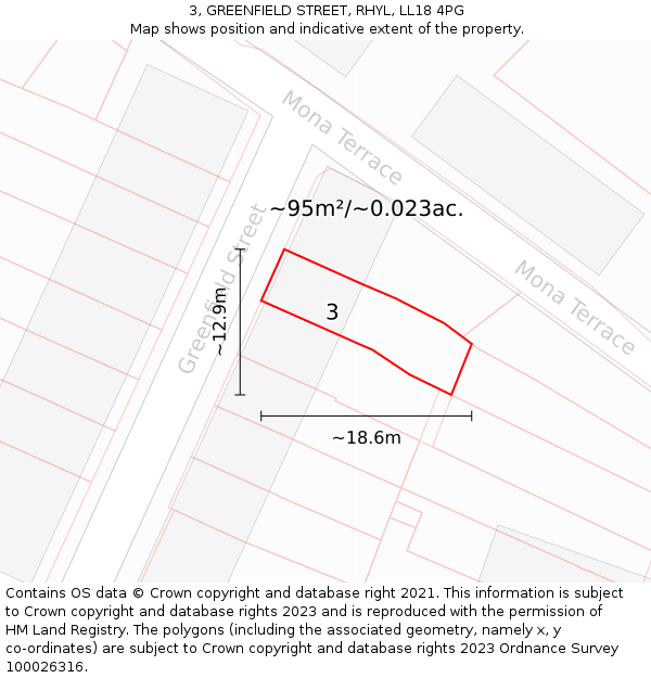 3, GREENFIELD STREET, RHYL, LL18 4PG: Plot and title map