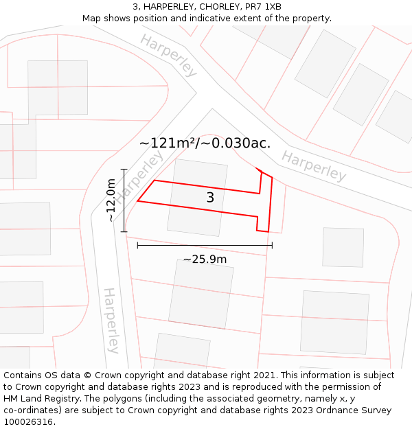 3, HARPERLEY, CHORLEY, PR7 1XB: Plot and title map